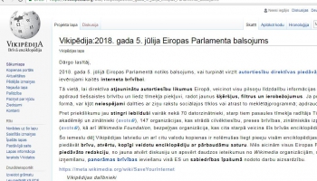 Dienu pirms balsojuma par autortiesību direktīvu tiek bloķēta "Vikipēdija" latviešu valodā